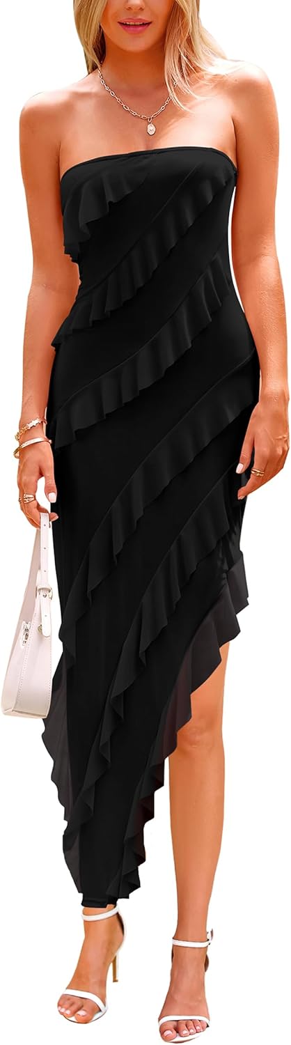 PRETTYGARDEN Womens Summer Maxi Dresses 2025 Strapless Tube Ruffle Asymmetrical Bodycon Party Cocktail Formal Long Dress