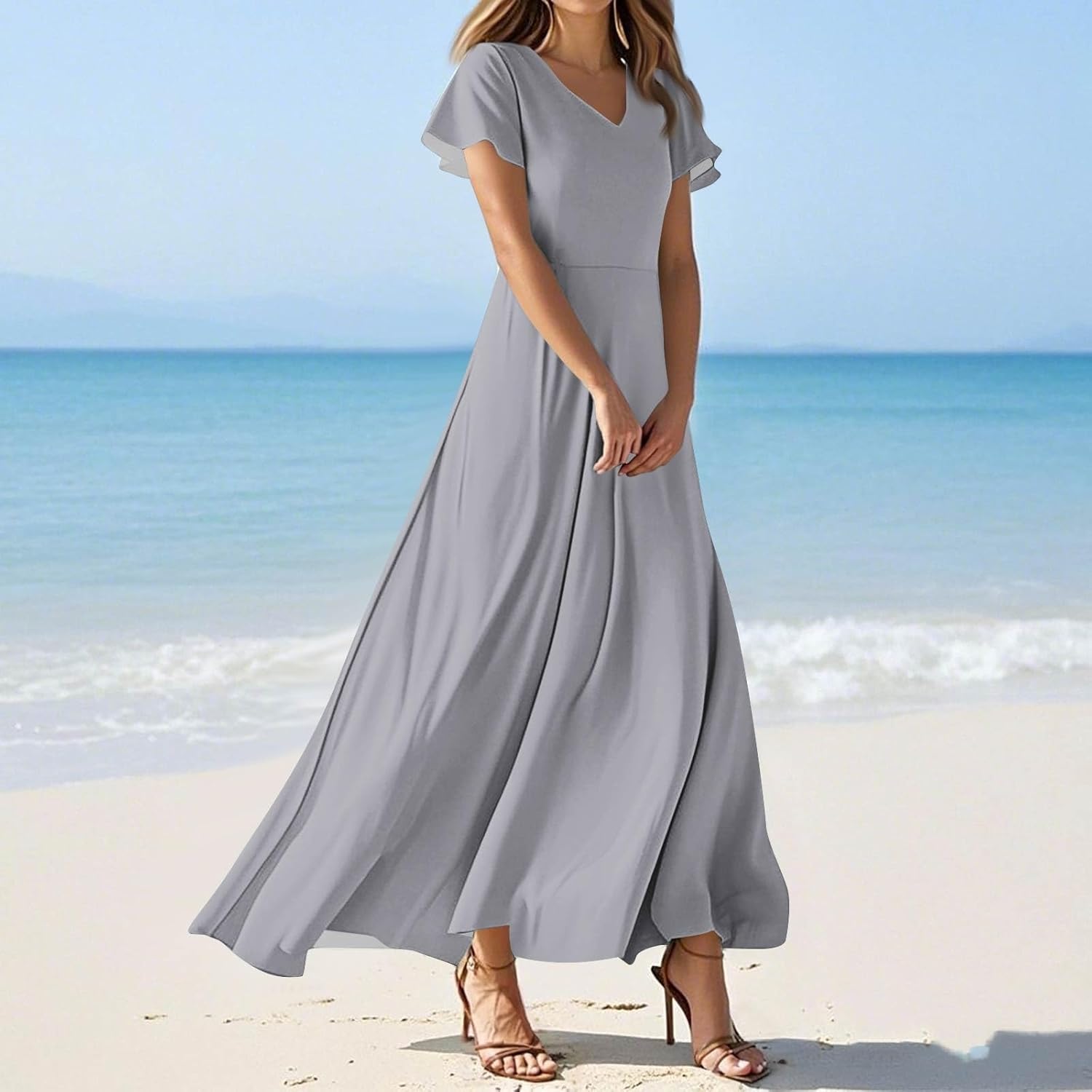 Womens Fashion V Neck Ruffle Short Sleeve Maxi Dress 2025 Summer Elegant Solid Color Flowy A Line Dresses