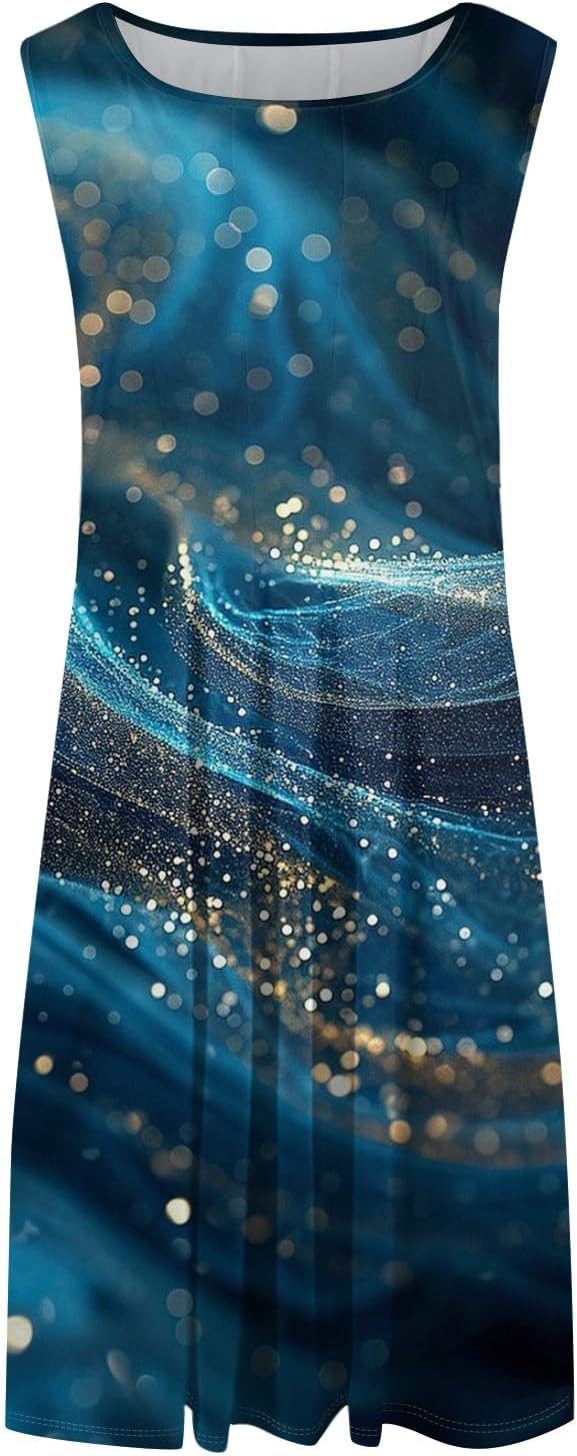 Womens Tank Sundress 2025 Casual Floral Print Tshirt Dress Swing Sleeveless Midi Dress Crewneck Pleated Summer Dresses