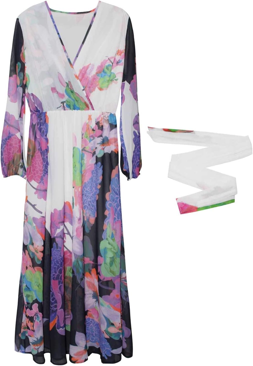 Nuofengkudu Womens Chiffon Deep V-Neck Stripe Printed Maxi Dress Unique Loose Summer Boho Dresses High Waiste(S-5XL)