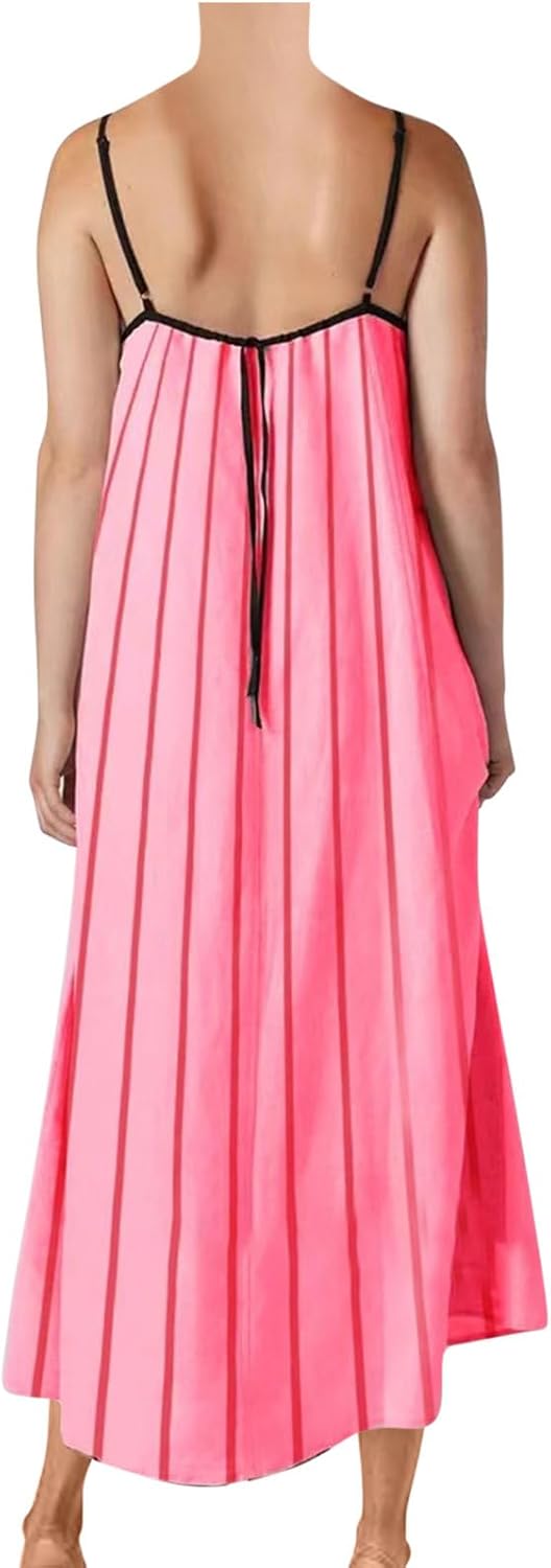 Women's Colorblock Stripe Sleeveless Dress Spaghetti Strap Loose Fit Sling Dresses Summer Mid Calf Length Dress