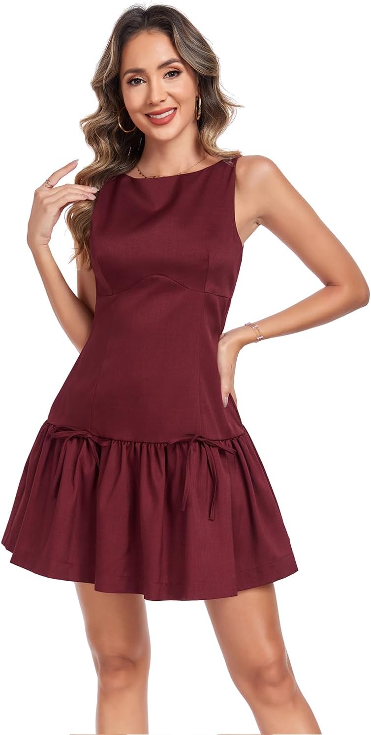 Summer Dress for Women, Sleeveless Round Neck Mini Dress, Casual Pleated Bow Zipper Tank Dress