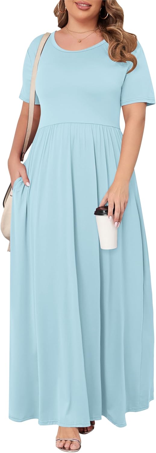 KARALIN Women’s Plus Size Maxi Dresses for Curvy Women Summer Casual Short Sleeve 2025 Long Dress 14W-26W