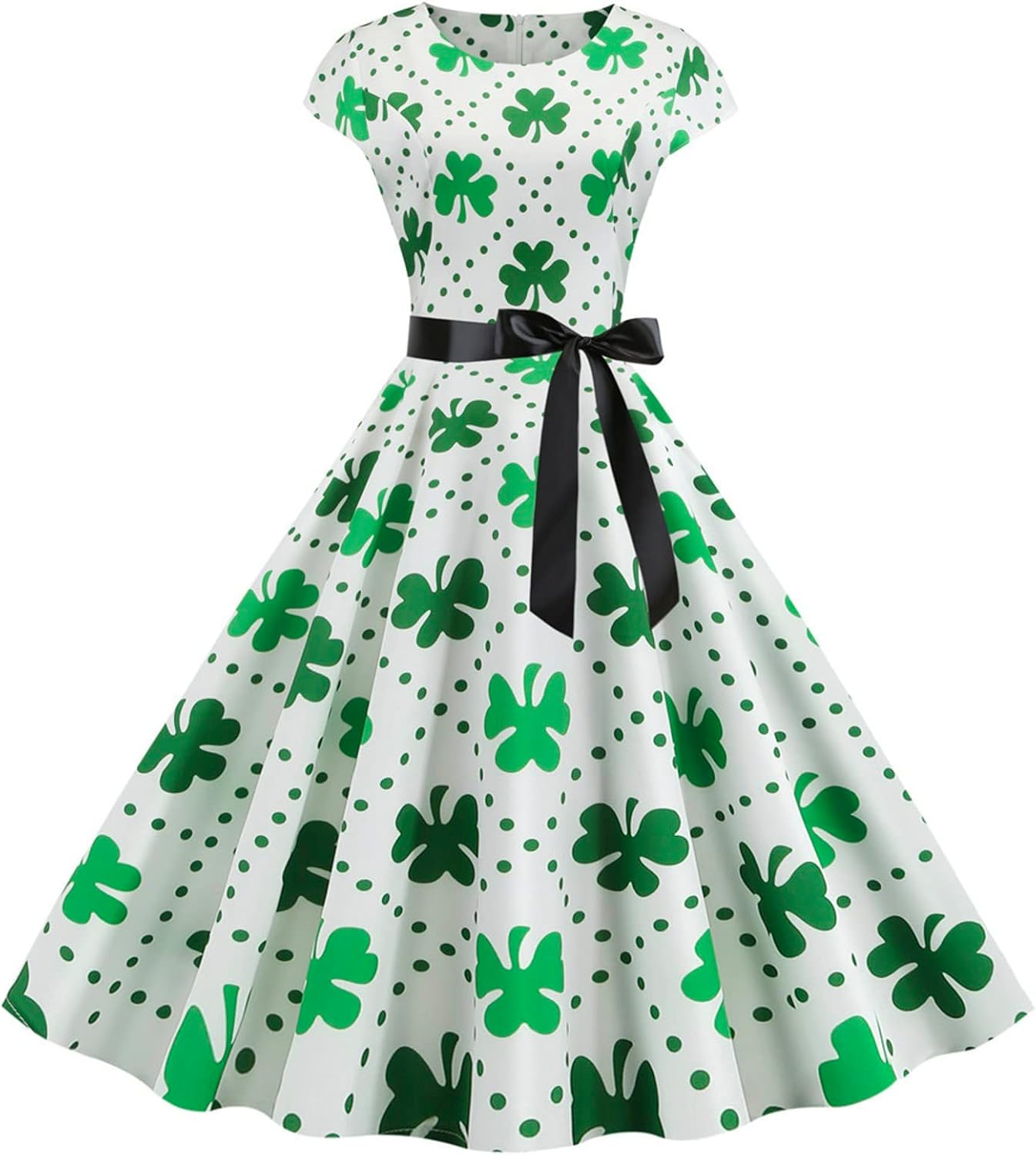 aihihe St Patricks Day Dress for Women A Line Pleated Hepburn Dress Lukcy Shamrock Print Irish Dress 2024 Vintage Dress
