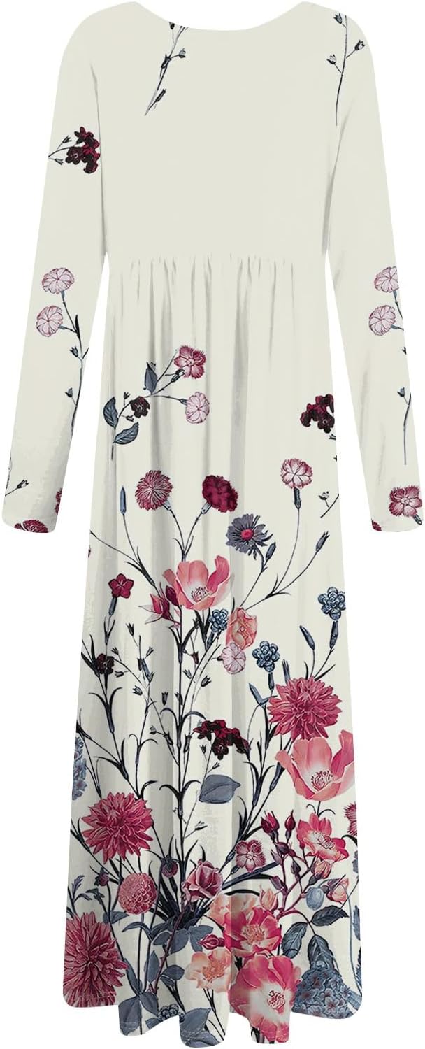 Long Sleeve Maxi Dress for Women Elegant Crew Neck Flowy Swing Dresses Solid Color Wedding Guest Dresses