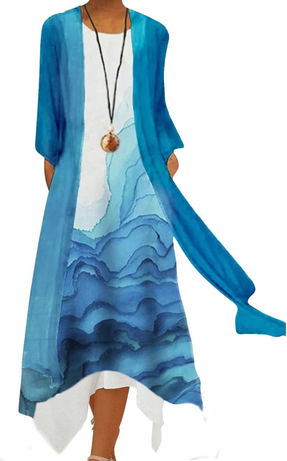 Honwenle Women's Linen Dress 2 Piece Outfit Floral Sleeveless Loose Maxi Summer Dresses with Jacket Formal Casual