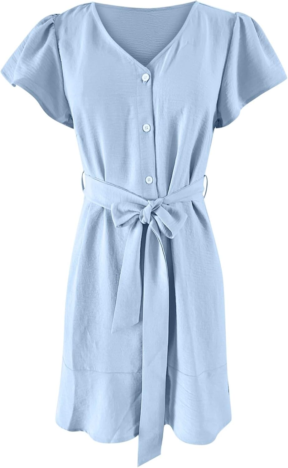 Flowy Dresses for Women,V Neck Button Down Dress Short Sleeve Mini Sundresses Loose Chiffon Shirt Dresses with Belt