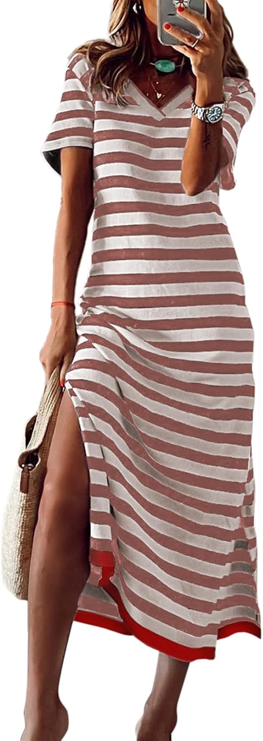 Dokotoo Summer Dress Casual Womens Fashion Short Sleeve Maxi Dress T Shirt Dress Striped Long Color Block Maxi Dress