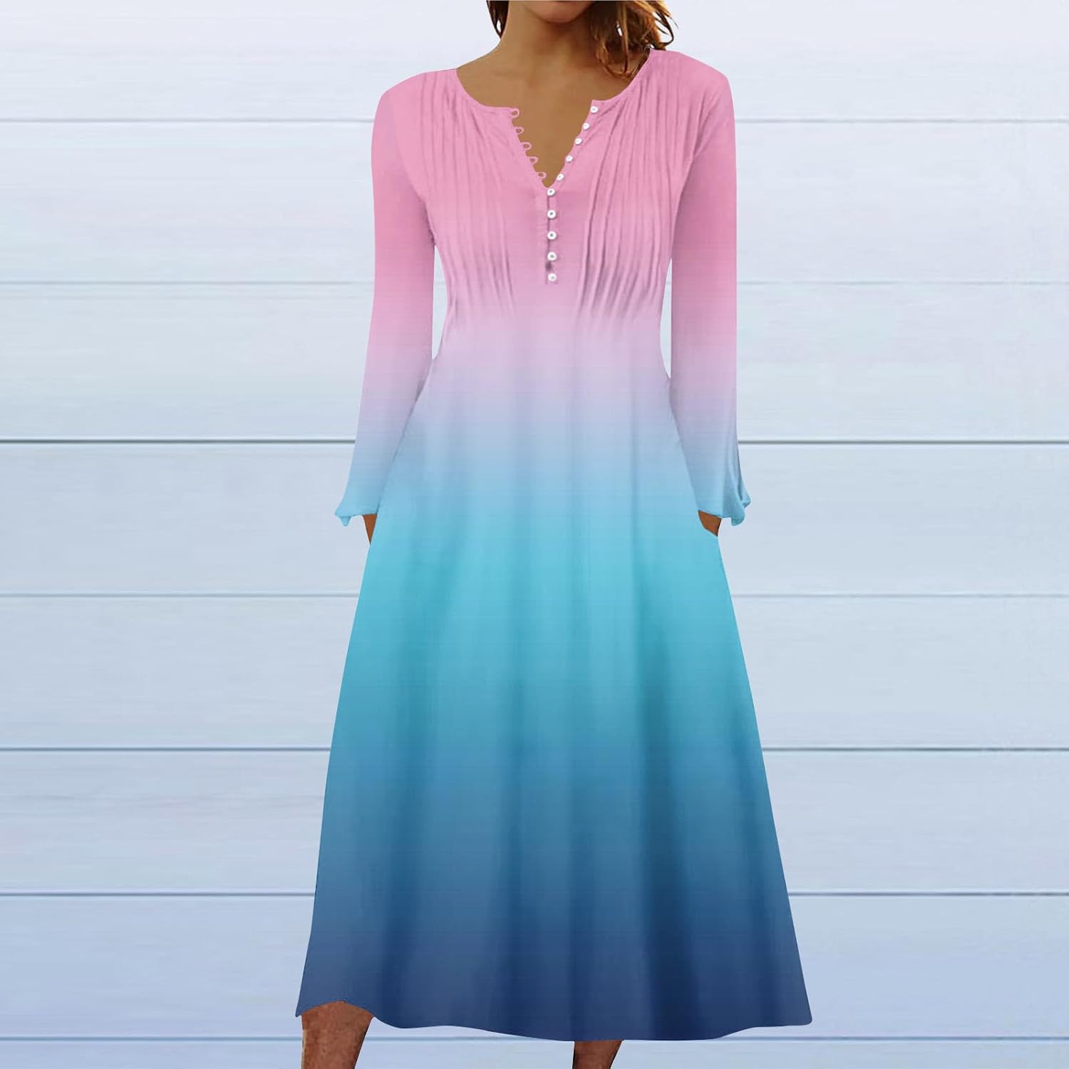 DOPOCQ Fall Women Dresses 2023 Long Sleeve V Neck Plus Size Maxi Dress Boho Dress High Waisted A-Line Dress with Pocket