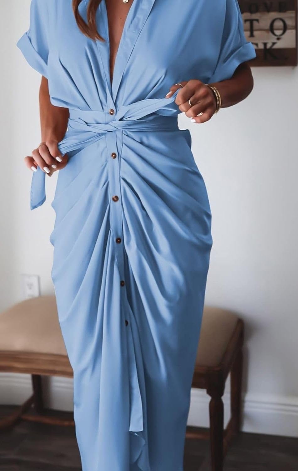 Women's Swing Classic Cute Maxi Ruched Breathable Shirt Dresses Bownot Slim Fitted Dress