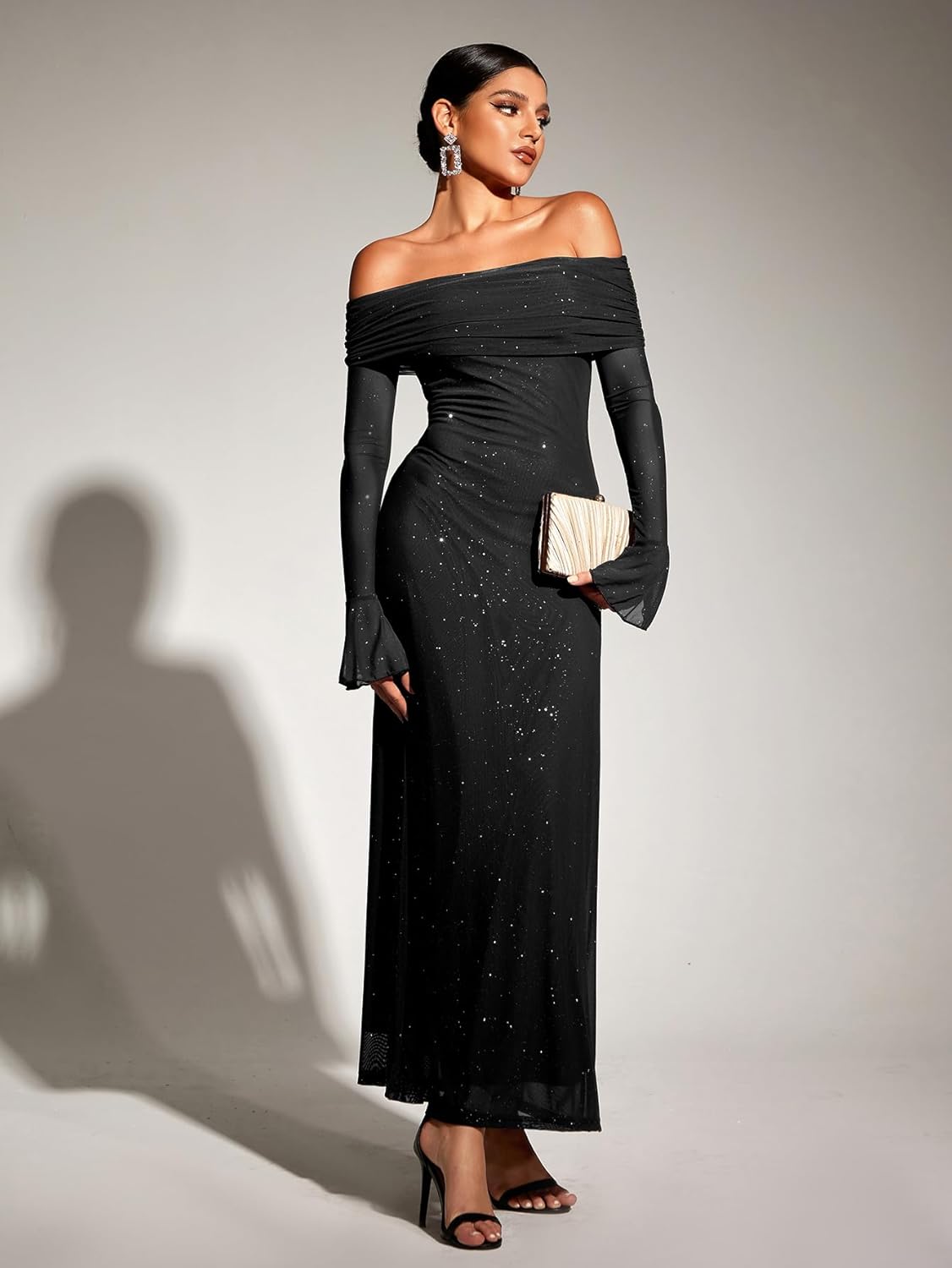 KUTUMAI Women Off Shoulder Bodycon Maxi Dress Long Sleeve Mesh Ruched Party Formal Wedding Guest Dresses