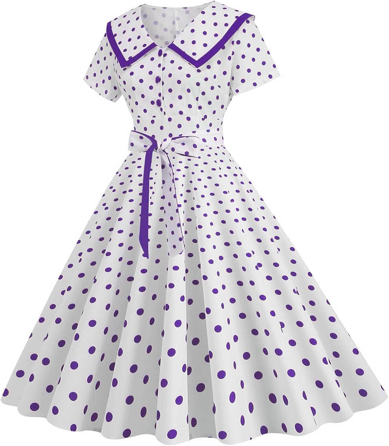 Women's Lapel Rockabilly Dress Cute Polka Dot Print Audrey Dress Button Down Vintage Cocktail Dress 1950s Fairy Dress