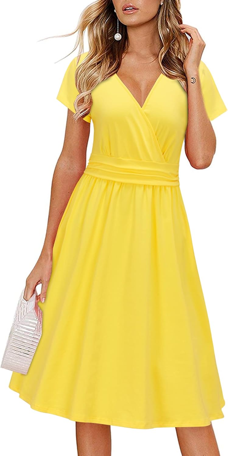 OUGES Women's Summer Short Sleeve V-Neck Floral Short Party Dress with Pockets