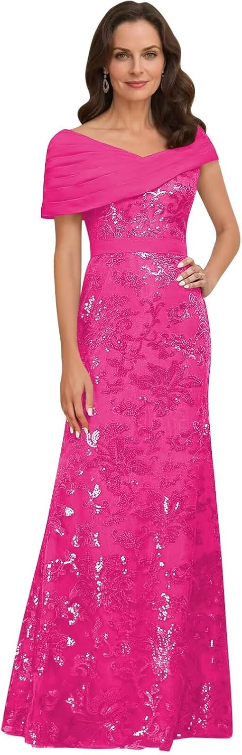 Lace Sequin Mother of The Bride Dresses for Women Long Mermaid Off The Shoulder Formal Evening Dress with Sleeves