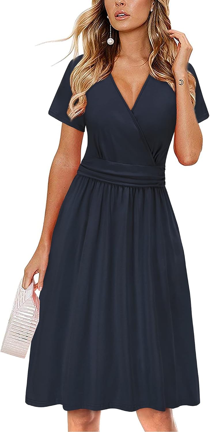 OUGES Women's Summer Short Sleeve V-Neck Floral Short Party Dress with Pockets