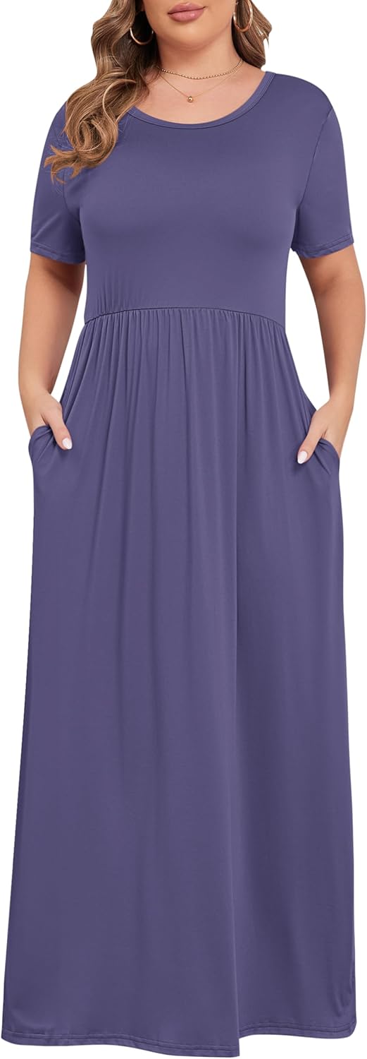 KARALIN Women’s Plus Size Maxi Dresses for Curvy Women Summer Casual Short Sleeve 2025 Long Dress 14W-26W