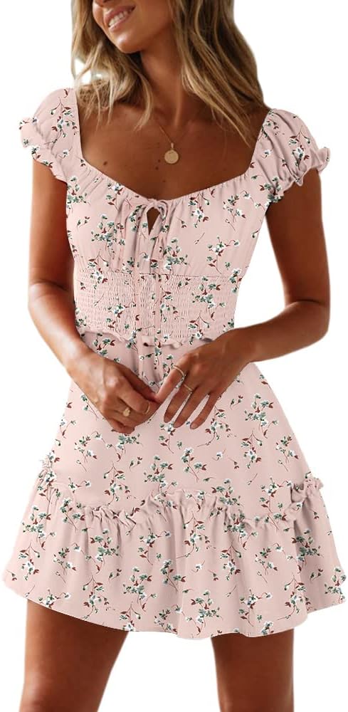 YOBECHO Women's Summer Ruffle Sleeve Sweetheart Neckline Printing Dress Mini Dress