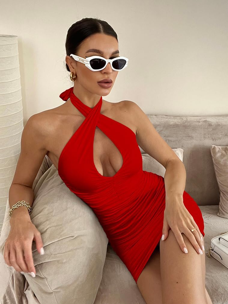 BEAGIMEG Women's Sexy Bodycon Sleeveless Criss Cross Ruched Halter Mini Dress Party Club Dress
