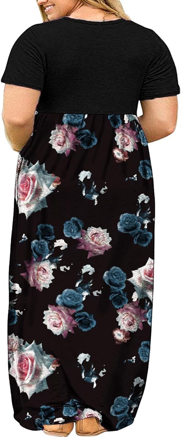 Kancystore Women's Short Sleeve Plus Size Maxi Dress with Pockets Loose Casual Summer Dresses