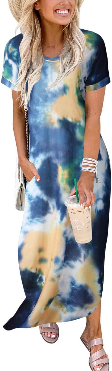 ANRABESS Women's Summer Casual Loose Short Sleeve Long T Shirt Dress Split Maxi Beach Sundress Travel Vacation Outfits