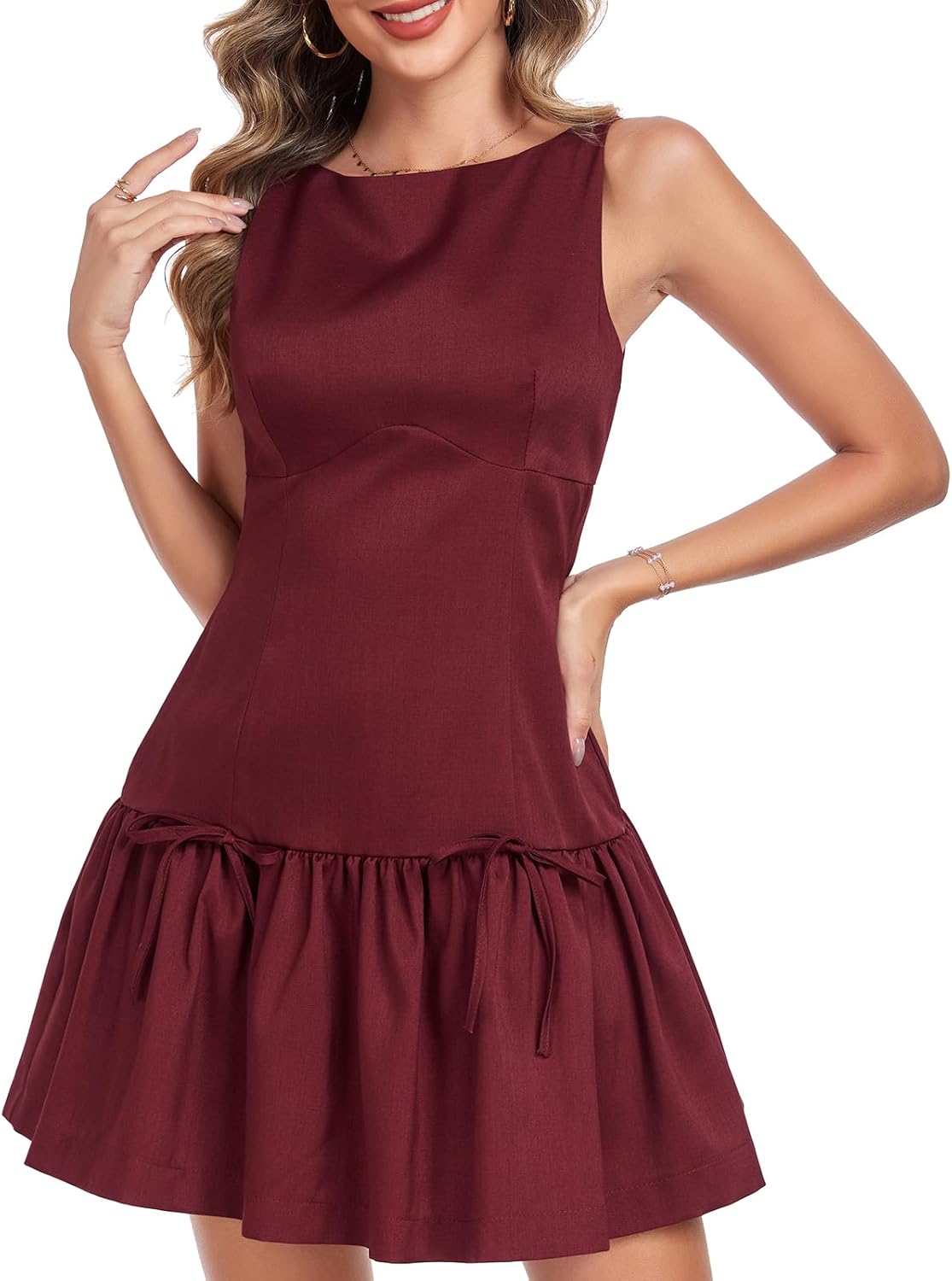 Summer Dress for Women, Sleeveless Round Neck Mini Dress, Casual Pleated Bow Zipper Tank Dress