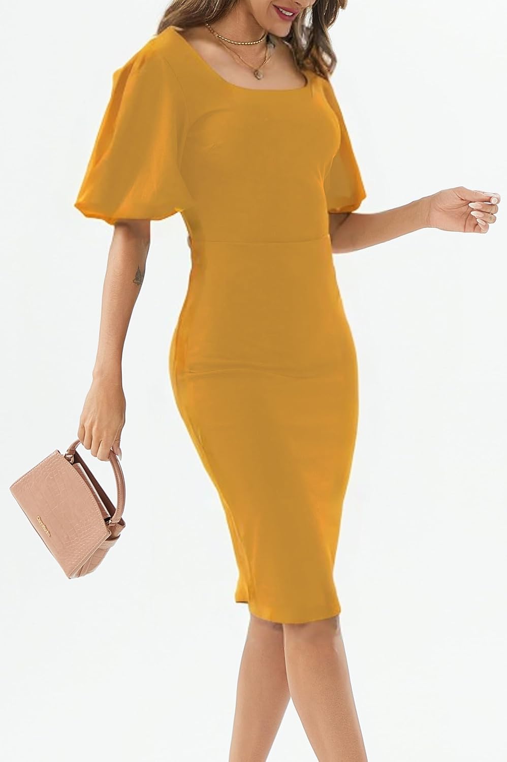 Womens Summer Dresses Square Neck Lantern Sleeve Bodycon Pencil Midi Dress