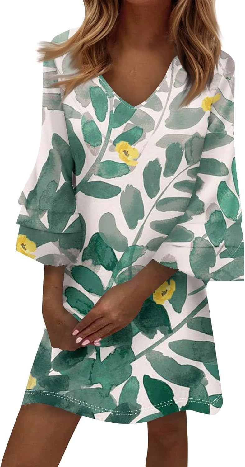 Beach Dresses for Women,2025 Summer Trendy Floral Print Boho Dress,Casual Loose V Neck Bell 3/4 Sleeve Mini Dress