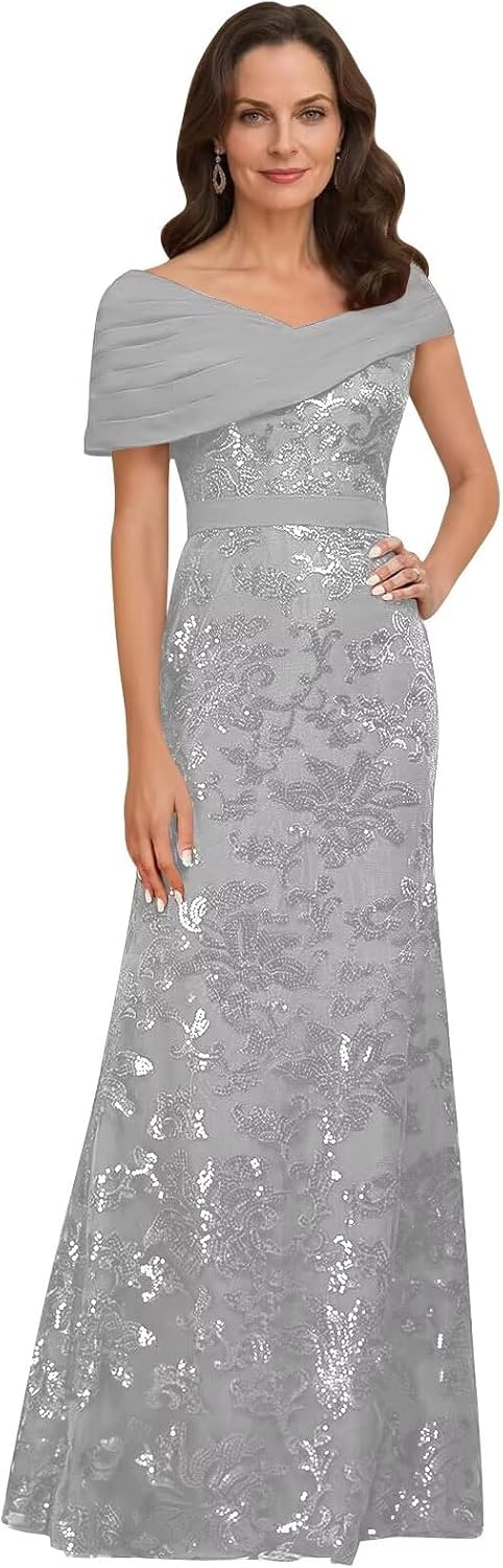 Lace Sequin Mother of The Bride Dresses for Women Long Mermaid Off The Shoulder Formal Evening Dress with Sleeves