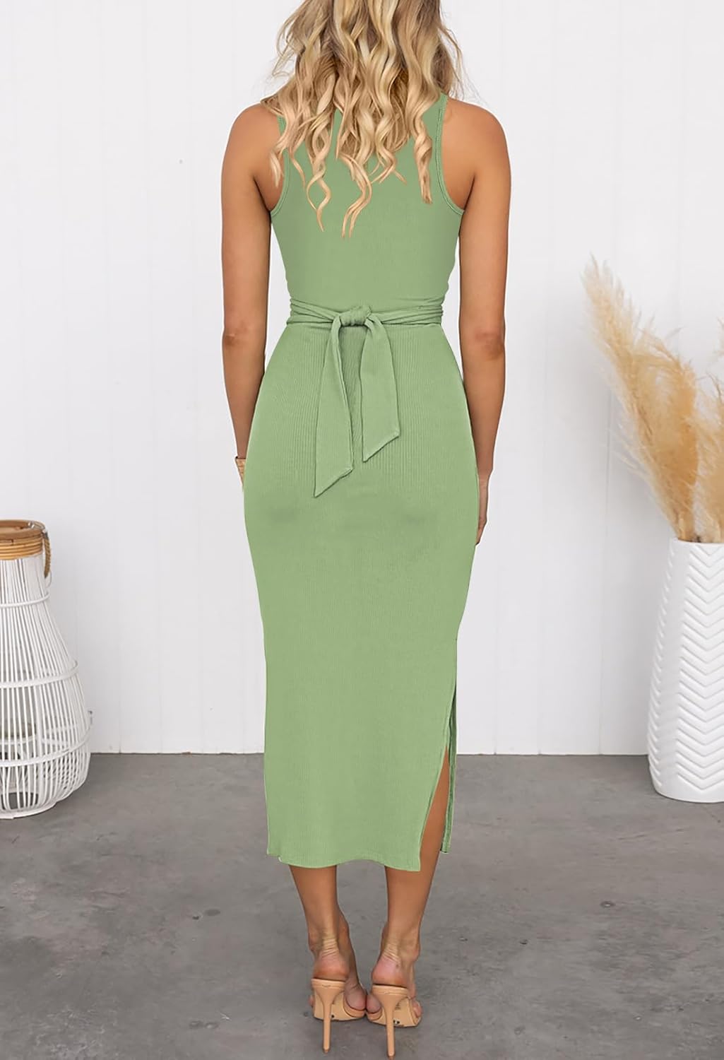 HUUSA Women's Sexy Sleeveless Cut Out Slim Bodycon Dress Crewneck Crisscross Twist Ruched Slit Ribbed Knit Tank Midi Dress