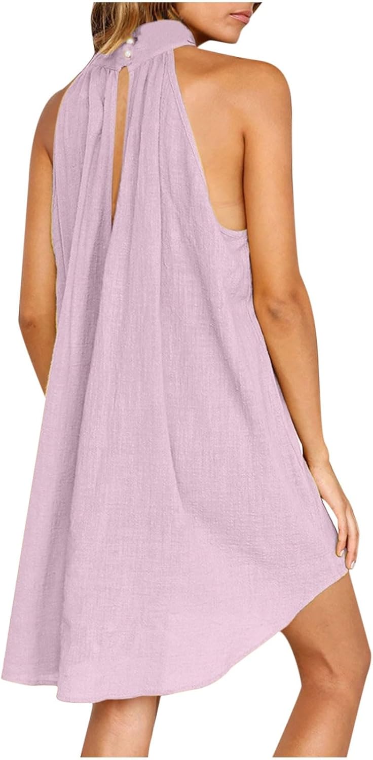 Sun Dresses for Women 2025 Vacation Halter Neck Solid Summer Casual Sundress Elegant Pleated High Low Mini Dresses