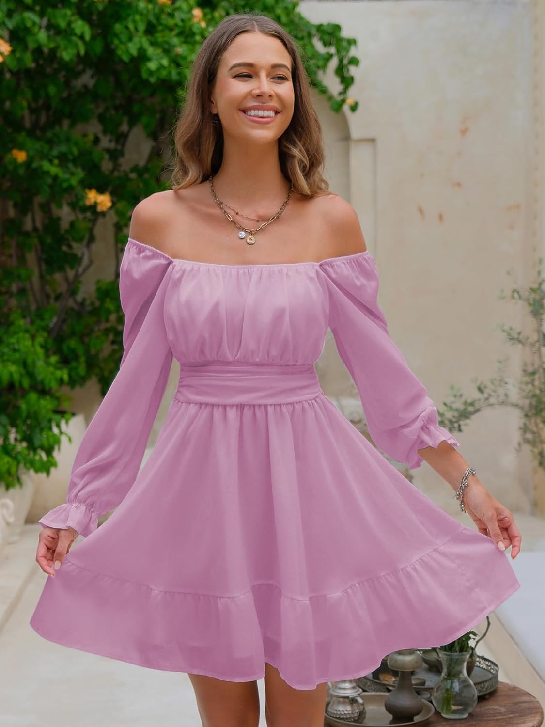 EXLURA Women's 2025 Casual Long Lantern Sleeve Dresses Square Neck Ruffle Tie Back Elastic Waist Aline Short Mini Dress