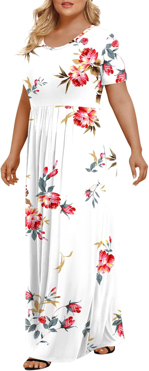 LONGYUAN Women's Plus Size Maxi Dresses for Curvy Women Summer Short Sleeve Casual 2025 Long Dress XL-6XL