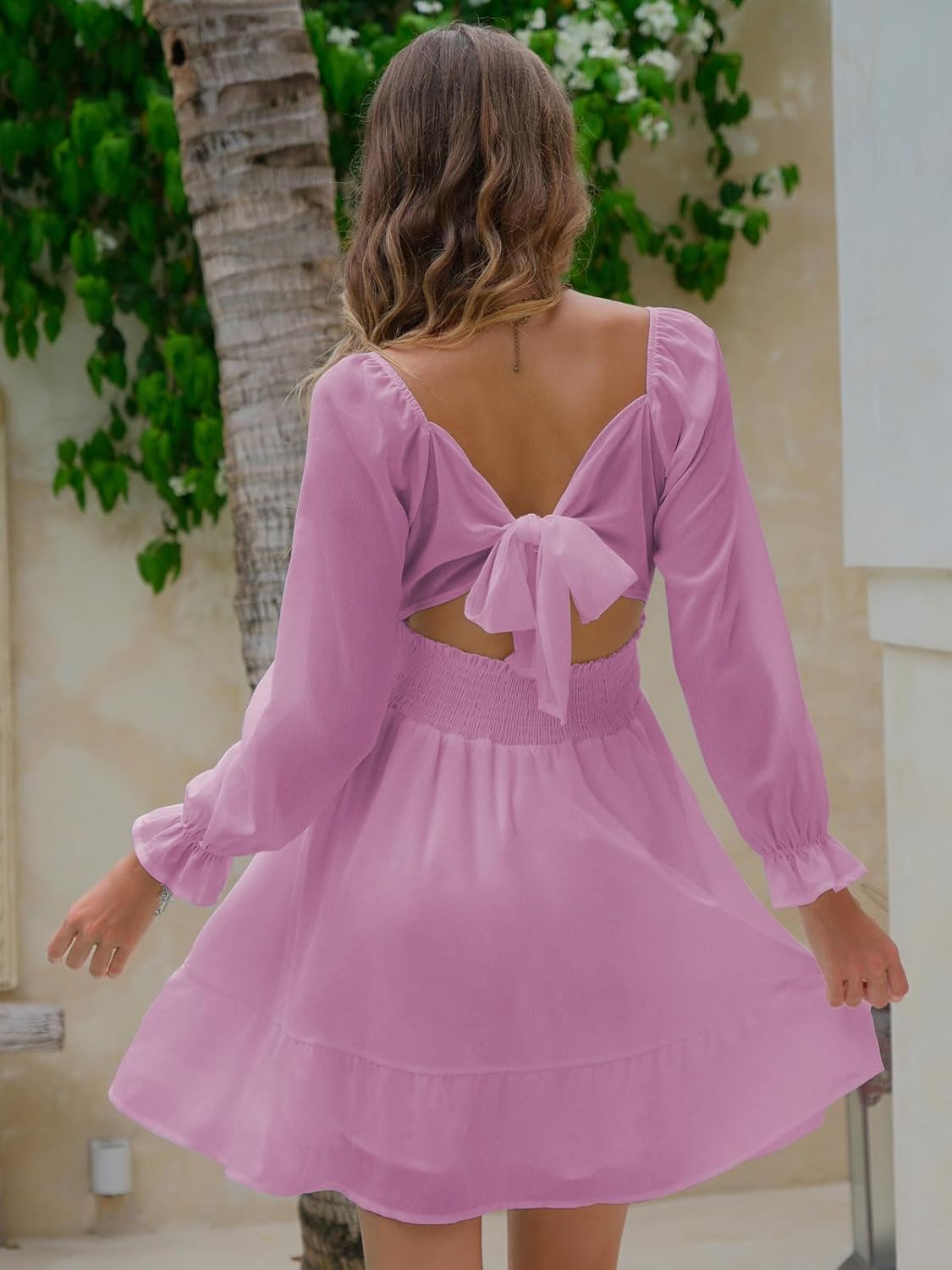EXLURA Women's 2025 Casual Long Lantern Sleeve Dresses Square Neck Ruffle Tie Back Elastic Waist Aline Short Mini Dress