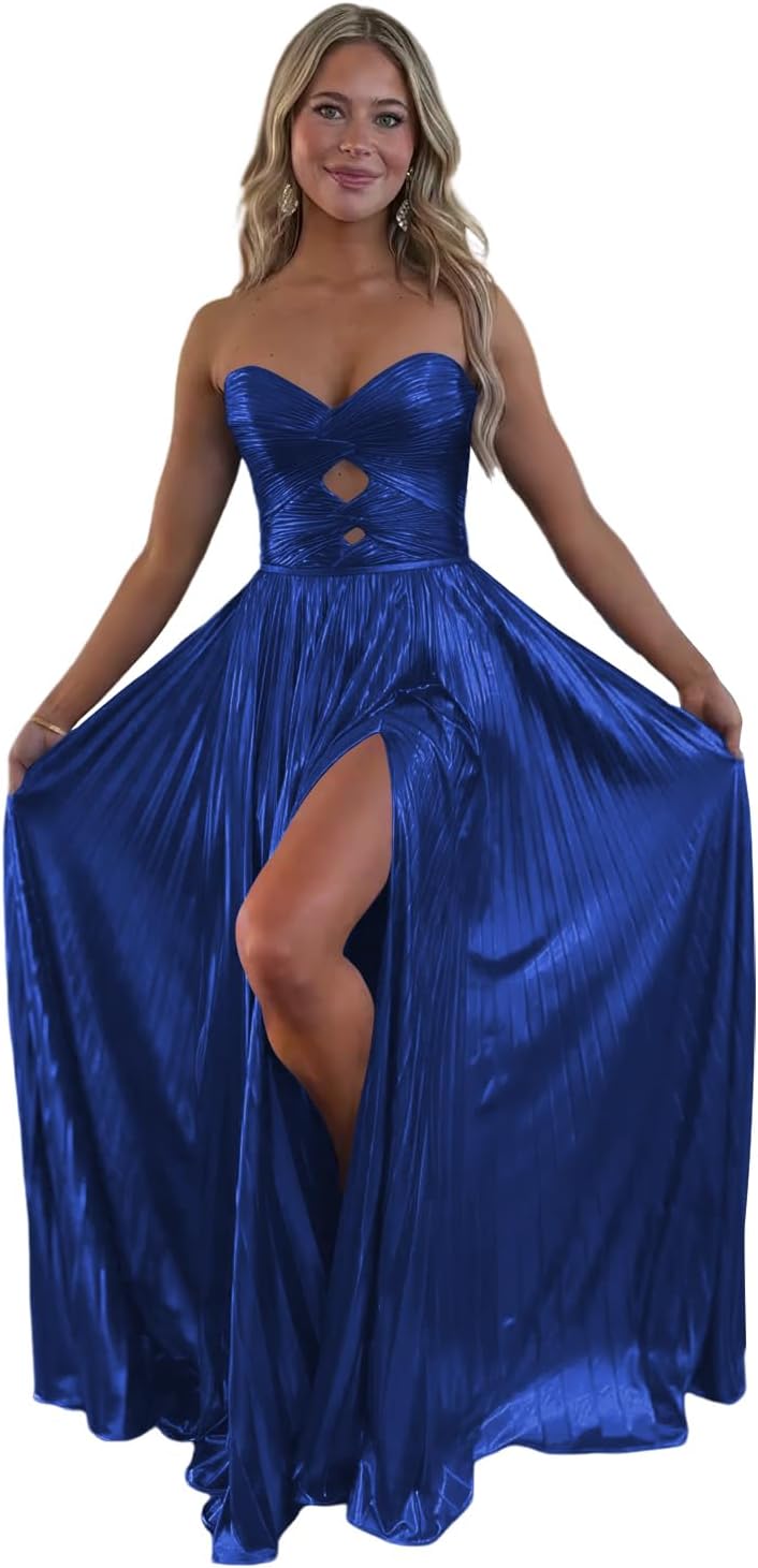 Loyeloy Sparkly Metallic Prom Dresses with Slit A Line Keyhole Satin Long Prom Ball Gowns for Women