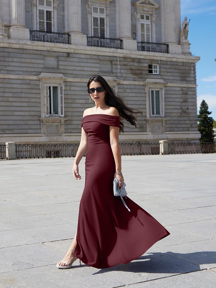 LAGSHIAN Women's Elegant Bodycon Off Shoulder Sleeveless High Split Ruched Long Formal Evening Dress