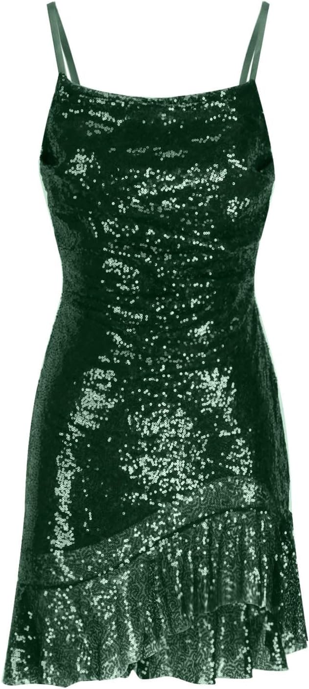 Binmer Women Sparkly Sequin Mini Dress Sexy Glitter Spaghetti Strap Backless Ruffle Hem Cami Short Mini Club Party Dresses