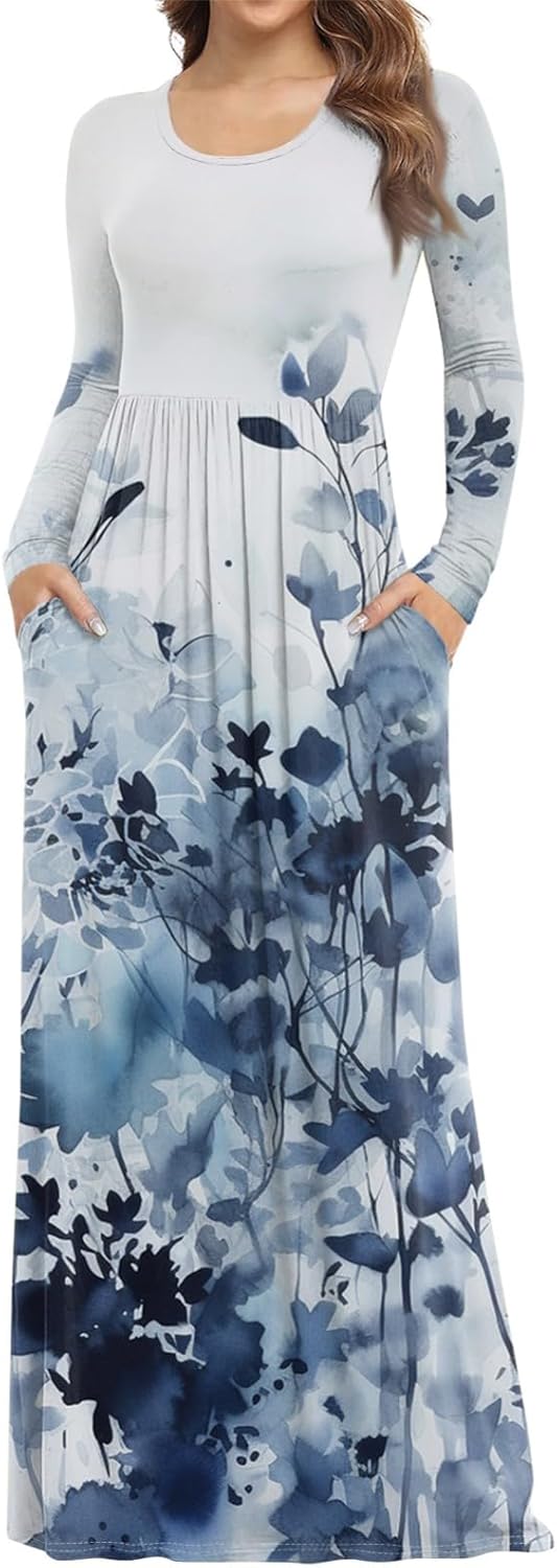 Long Sleeve Maxi Dress for Women Elegant Crew Neck Flowy Swing Dresses Solid Color Wedding Guest Dresses
