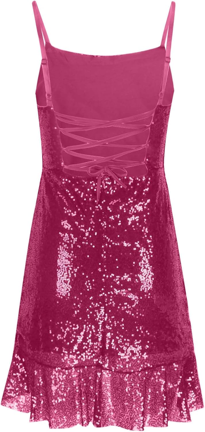 Binmer Women Sparkly Sequin Mini Dress Sexy Glitter Spaghetti Strap Backless Ruffle Hem Cami Short Mini Club Party Dresses