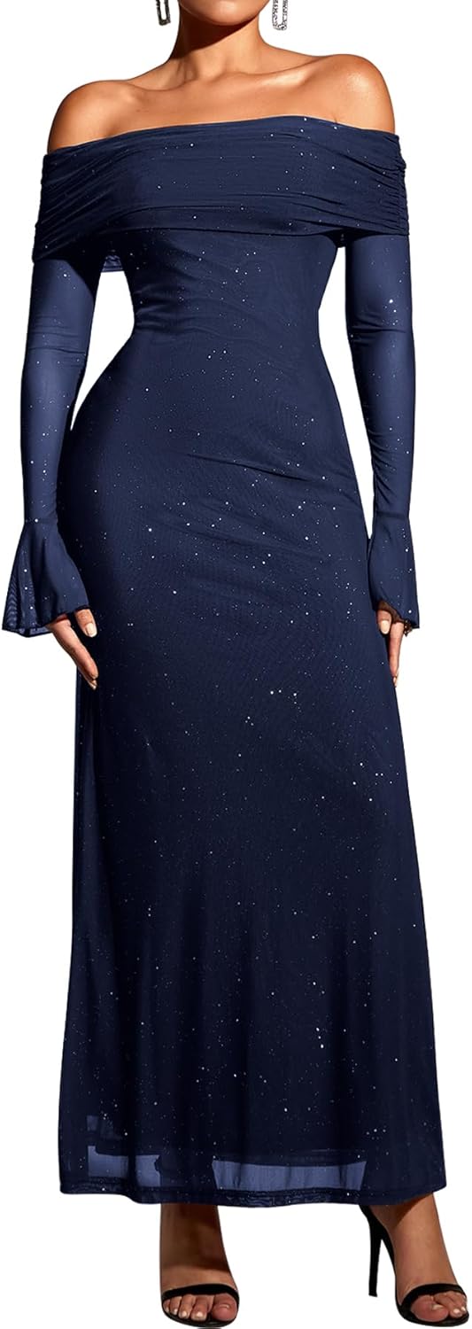 KUTUMAI Women Off Shoulder Bodycon Maxi Dress Long Sleeve Mesh Ruched Party Formal Wedding Guest Dresses