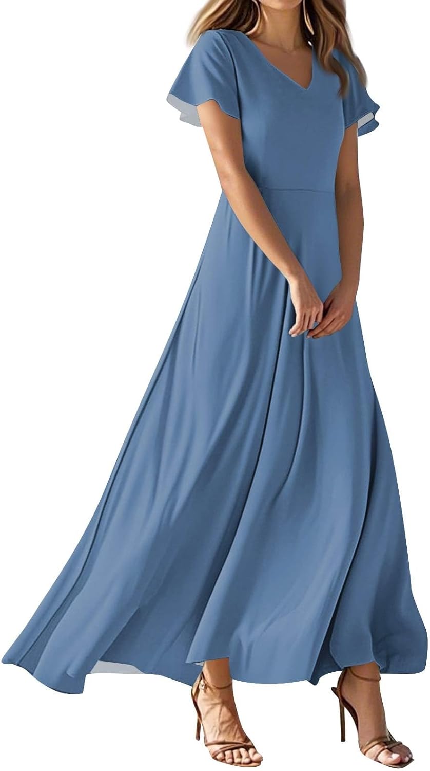 Womens Fashion V Neck Ruffle Short Sleeve Maxi Dress 2025 Summer Elegant Solid Color Flowy A Line Dresses