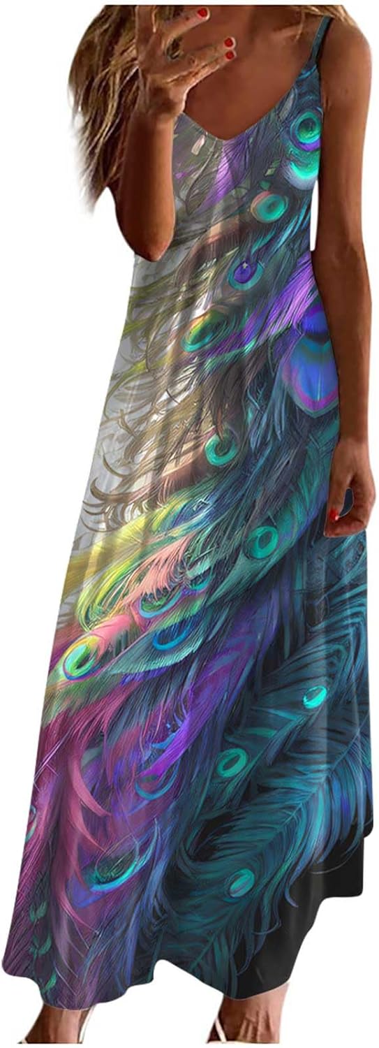 Womens Floral Maxi Dresses Spaghetti Strap Casual Summer Long Dress Vneck Flowy Boho Beach Sundress Vacation Outfits
