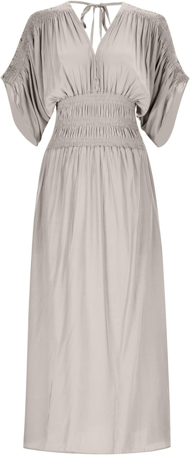 Women's Casual Maxi Dresses Ruffle Sleeve Smocked Dress High Waisted Plus Size Long Dresses Split Flowy Sundress