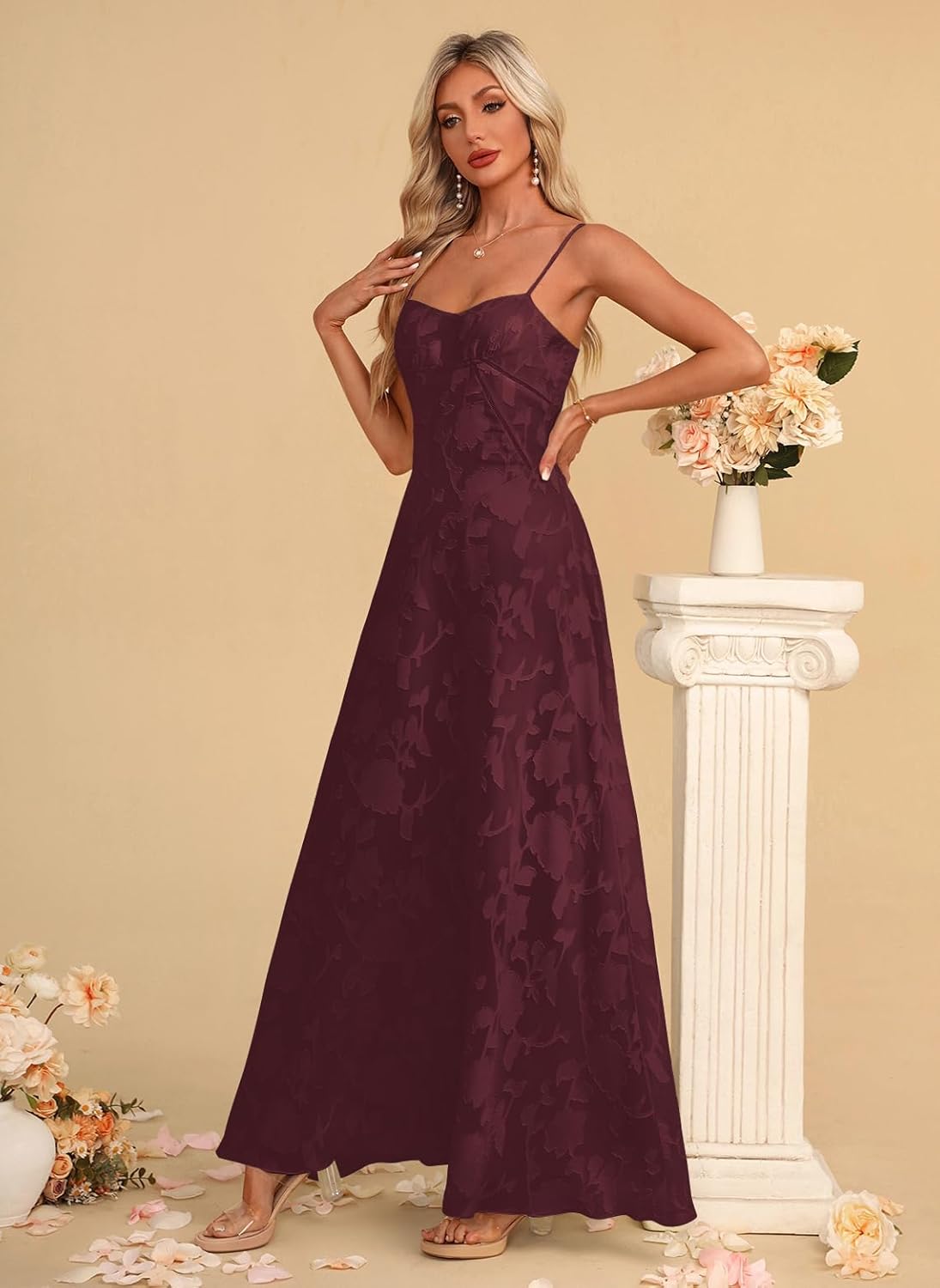 Women's Elegant Wedding Guest Dress Spaghetti Straps Floral Sleeveless Formal Dress Maxi Gown