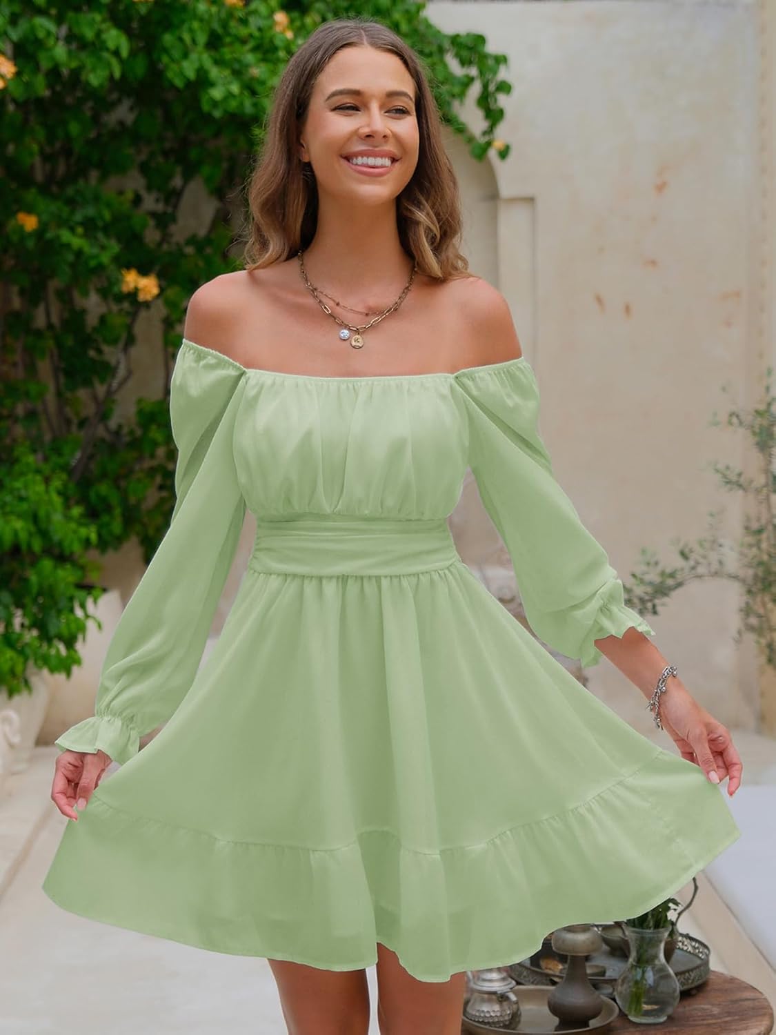 EXLURA Women's 2025 Casual Long Lantern Sleeve Dresses Square Neck Ruffle Tie Back Elastic Waist Aline Short Mini Dress