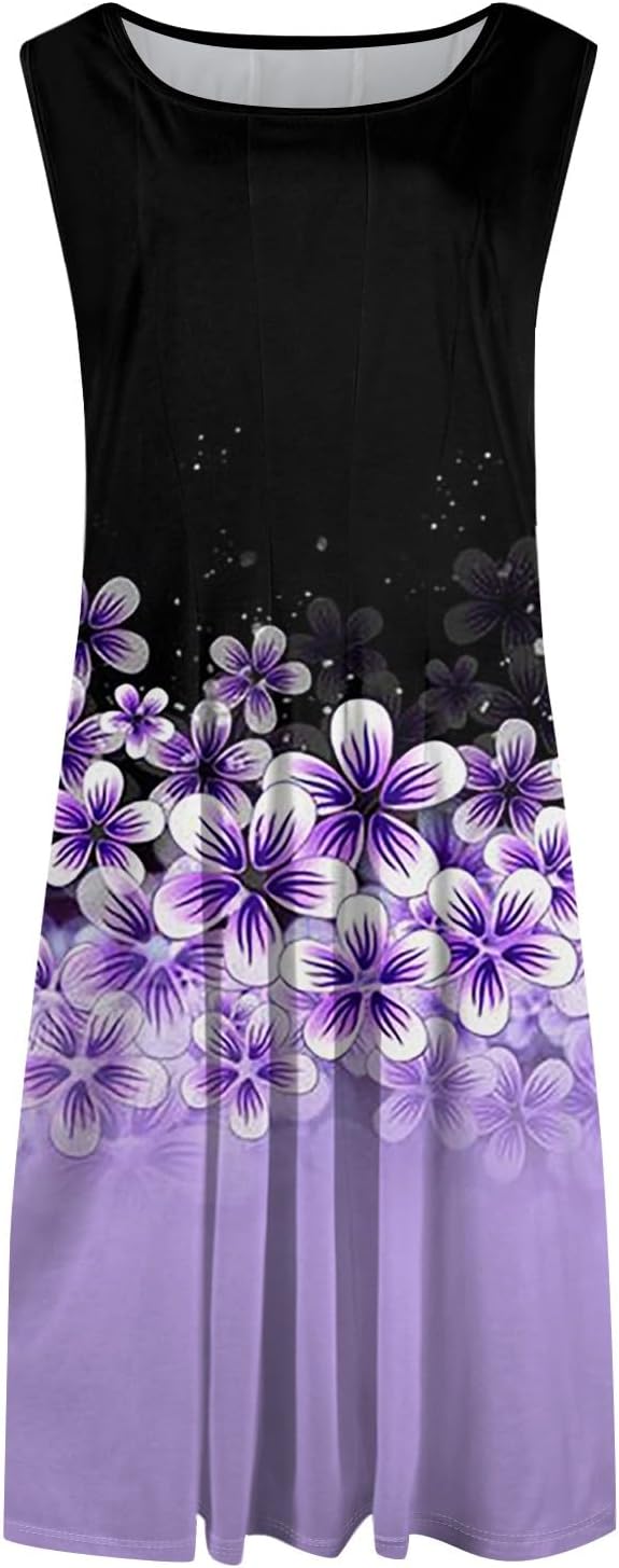 Womens Tank Sundress 2025 Casual Floral Print Tshirt Dress Swing Sleeveless Midi Dress Crewneck Pleated Summer Dresses