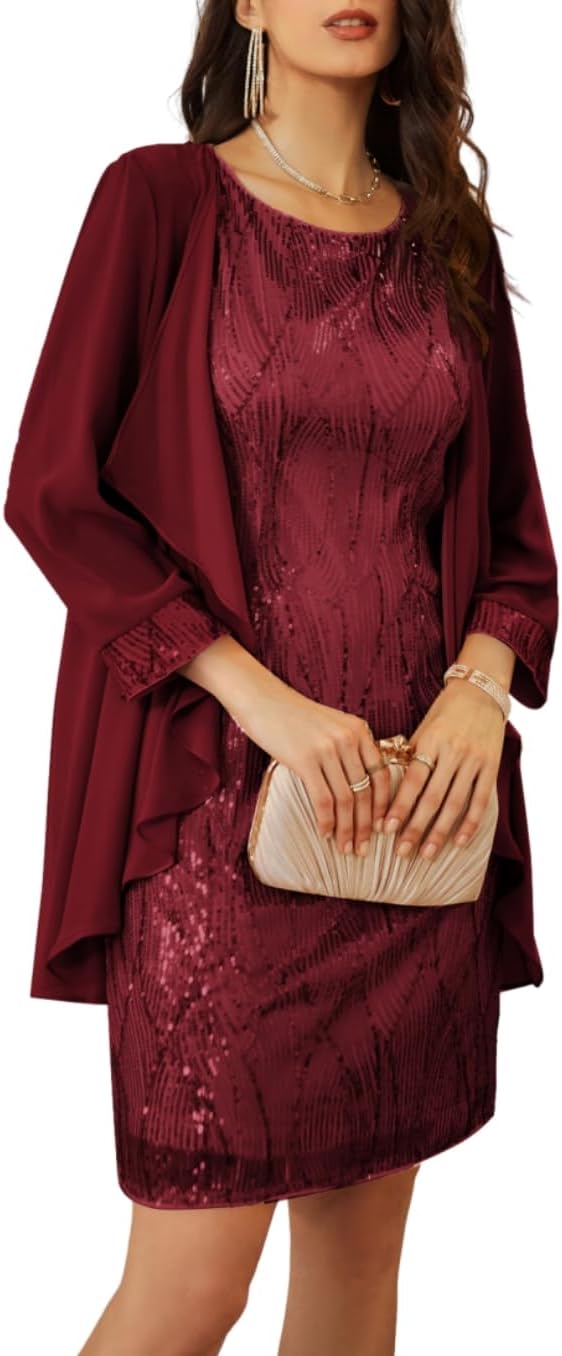 GRACE KARIN Sequin Dress for Women Knee Length Mother of the Bride Dresses Formal Dress Two Piece Dress with Chiffon Jacket