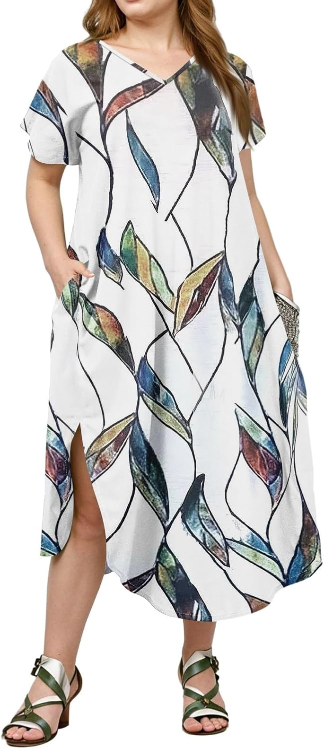 Maxi Dresses for Women 2025 Plus Size Tie Dye V Neck Dress Short Sleeve Side Split Beach Summer Sundress with Pocket