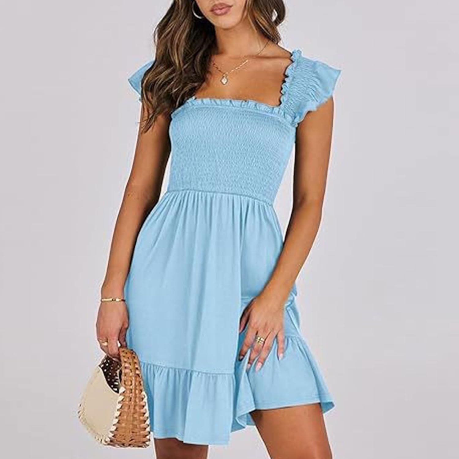 Women Summer Casual Sleeveless Square Neck Smocked Ruffle Backless Boho Mini Dress Flowy Beach Cute Swing Dress