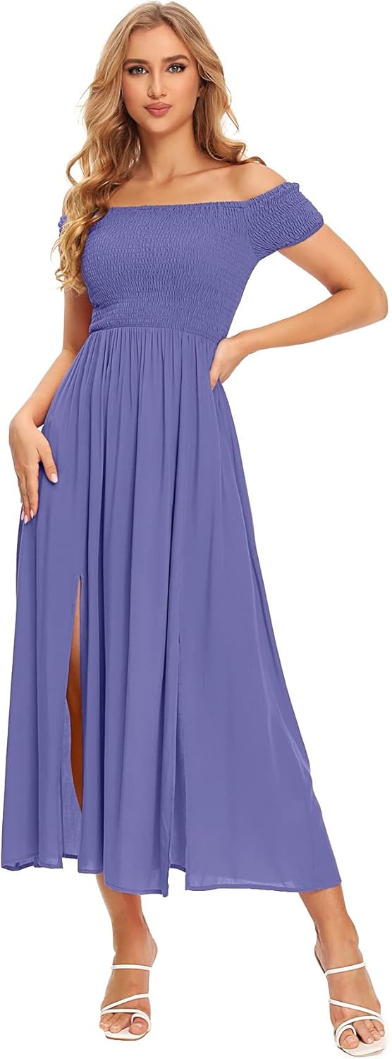 Floerns Women's Boho Floral Print Off Shoulder Split Long A Line Dress