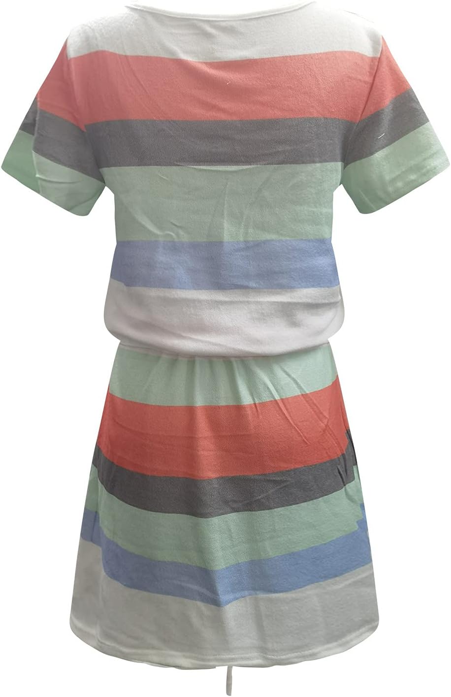 Women Summer Casual Striped Dress Drawstring Waist Tie Knot Mini Dresses Short Sleeve V Neck Tank Dress with Pocket